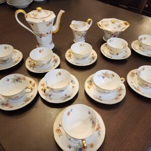 26 Pc Haviland Limoges Peonies Coffee Pot, Creamer, Lidded Sugar & 10 Cup Saucer